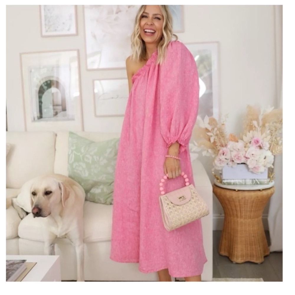 LAKE‎ Milly Pink 100% Linen One Shoulder Midi Dress Long Puff Sleeve Womens M - Picture 2 of 8